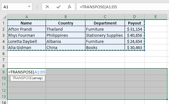 TRANSPOSE Function in Excel