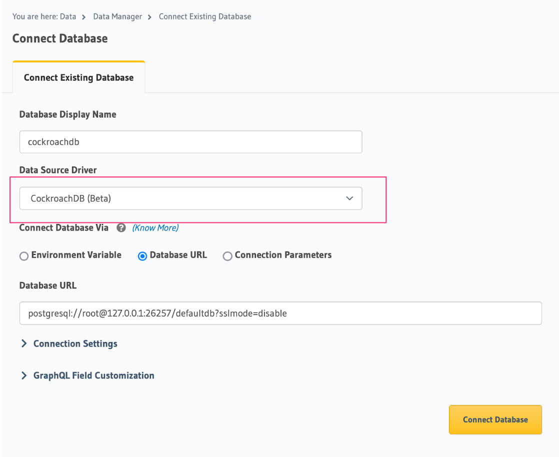 Connecting CockroachDB on Hasura Console