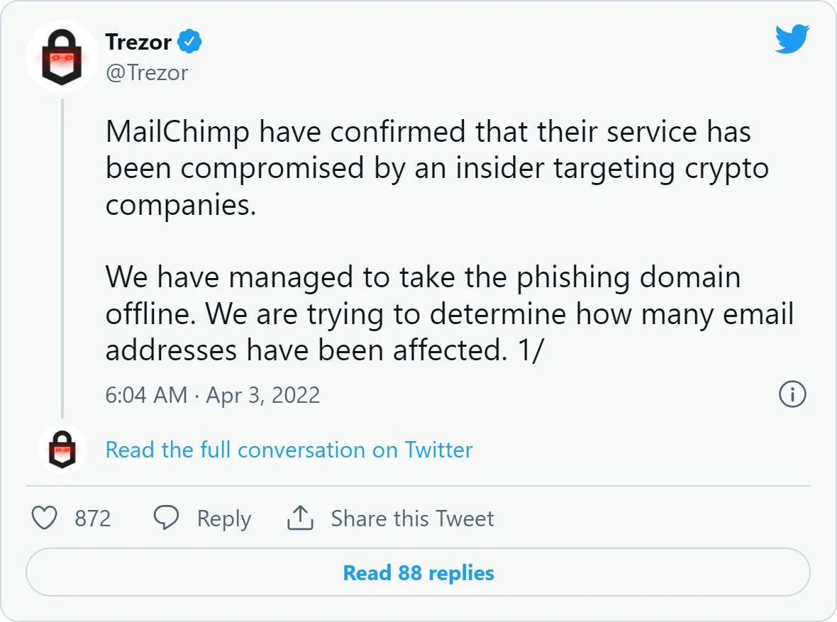 Поддельные электронные письма об утечке данных Trezor, использовались для кражи криптовалютных кошельков