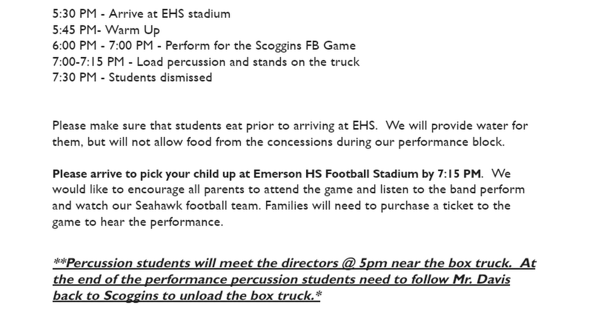 Football game Performance Itinerary