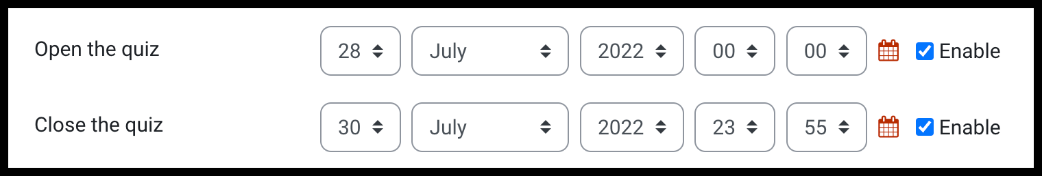 Open and close the quiz settings with date and time dropdown menus displayed