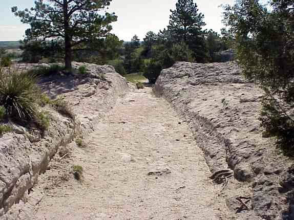 A picture of wagon ruts in Guernsey State Park in Wyoming. 