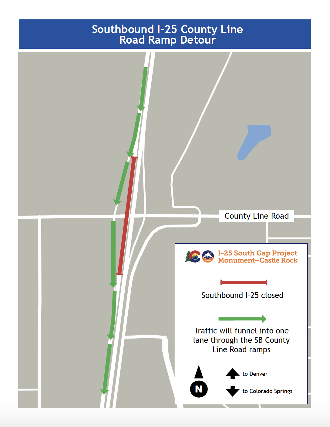 Map of Southbound I-25 approaching Monument closure and detour at the ramps at County Line Road 