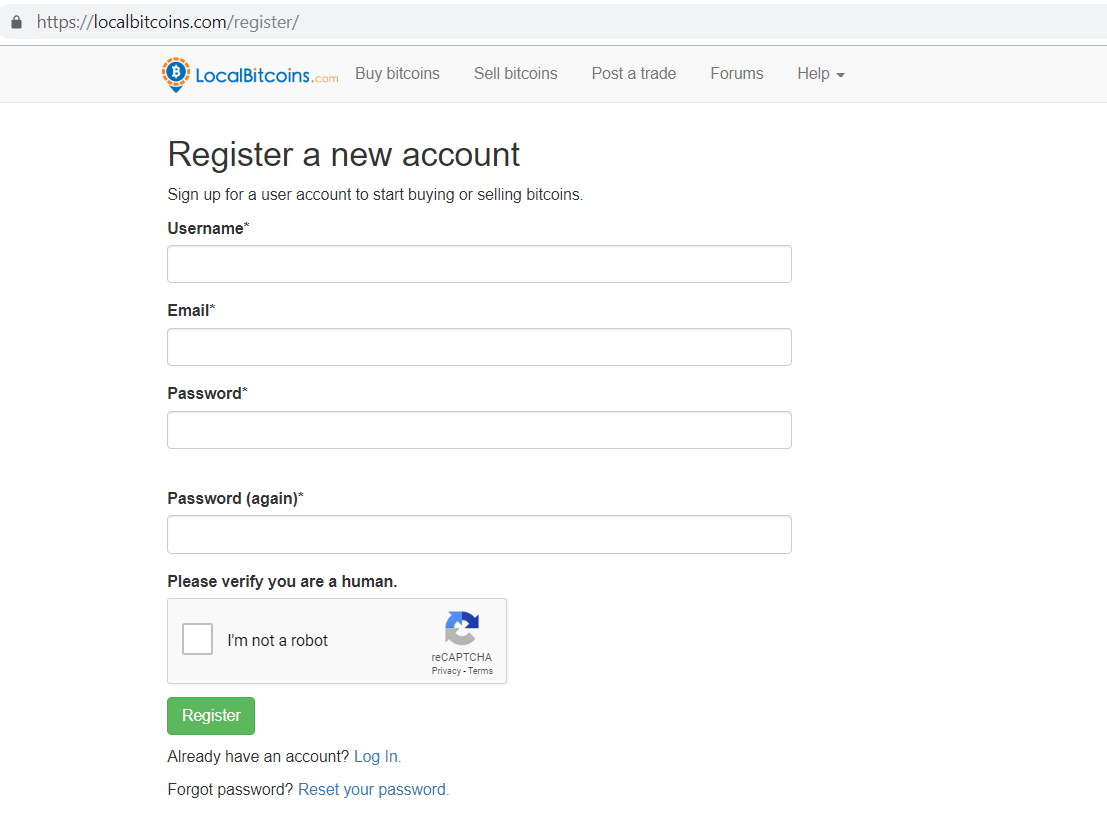 LocalBitcoins.com register a new account page.