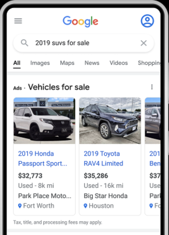 A screenshot of Google's Vehicle Ads in the search results