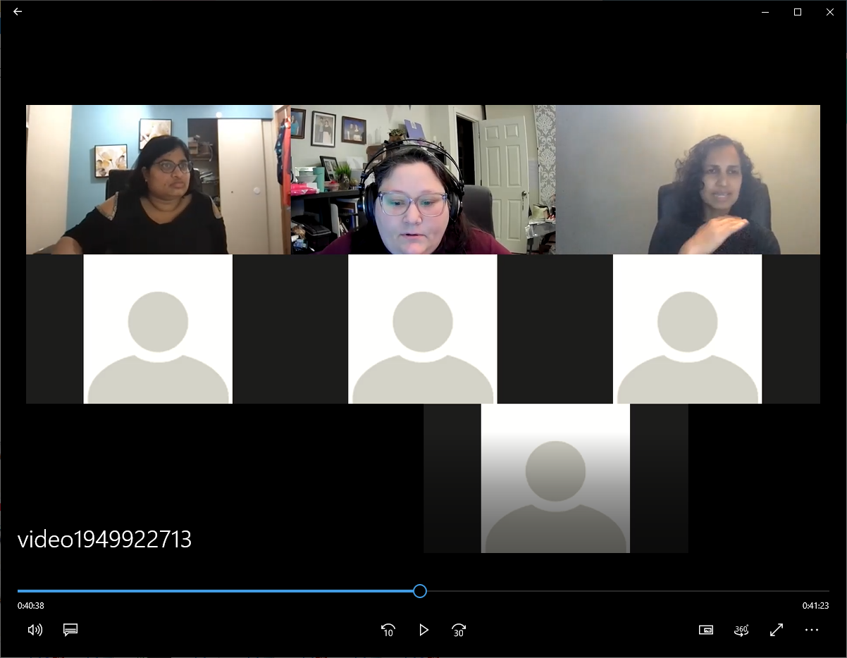 Screenshot of a Zoom meeting with three participants' videos turned on and four participants without video on