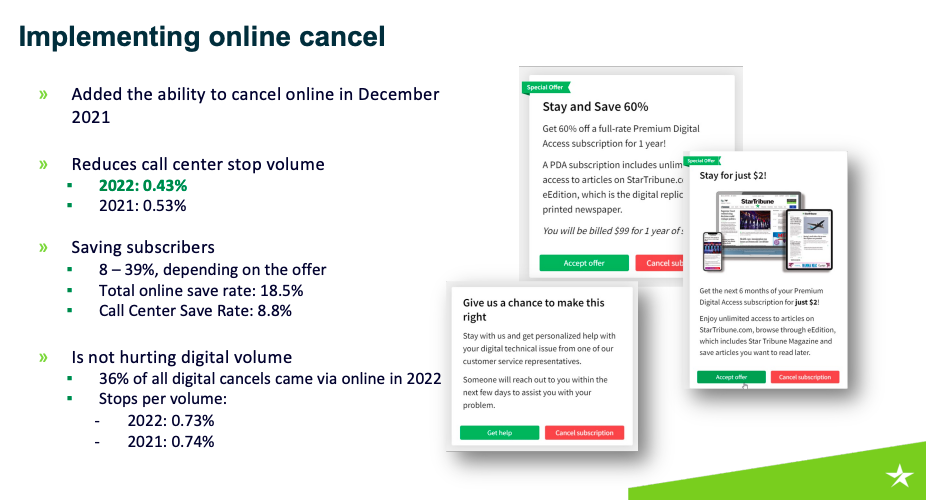 implementing online cancel at The Star Tribune