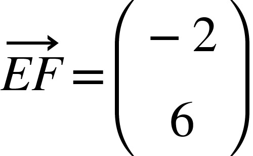 {"mathml":"<math style=\"font-family:stix;font-size:16px;\" xmlns=\"http://www.w3.org/1998/Math/MathML\"><mstyle mathsize=\"16px\"><mover accent=\"true\"><mrow><mi>E</mi><mi>F</mi></mrow><mo>→</mo></mover><mo>=</mo><mfenced><mtable><mtr><mtd><mo>-</mo><mn>2</mn></mtd></mtr><mtr><mtd><mn>6</mn></mtd></mtr></mtable></mfenced></mstyle></math>","truncated":false}