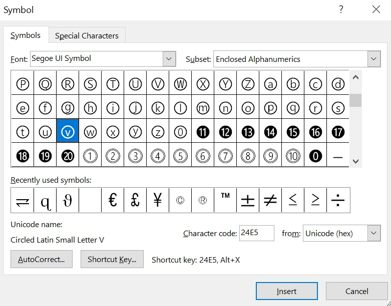 searching for Lowercased Circled V symbols text using the character code