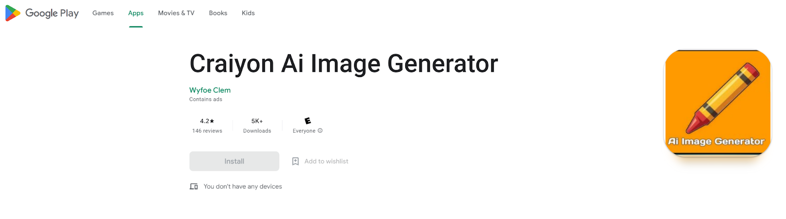 The Craiyon AI Image Generator available for Android phones on the Google Play store.