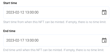 NFT sale start and end time