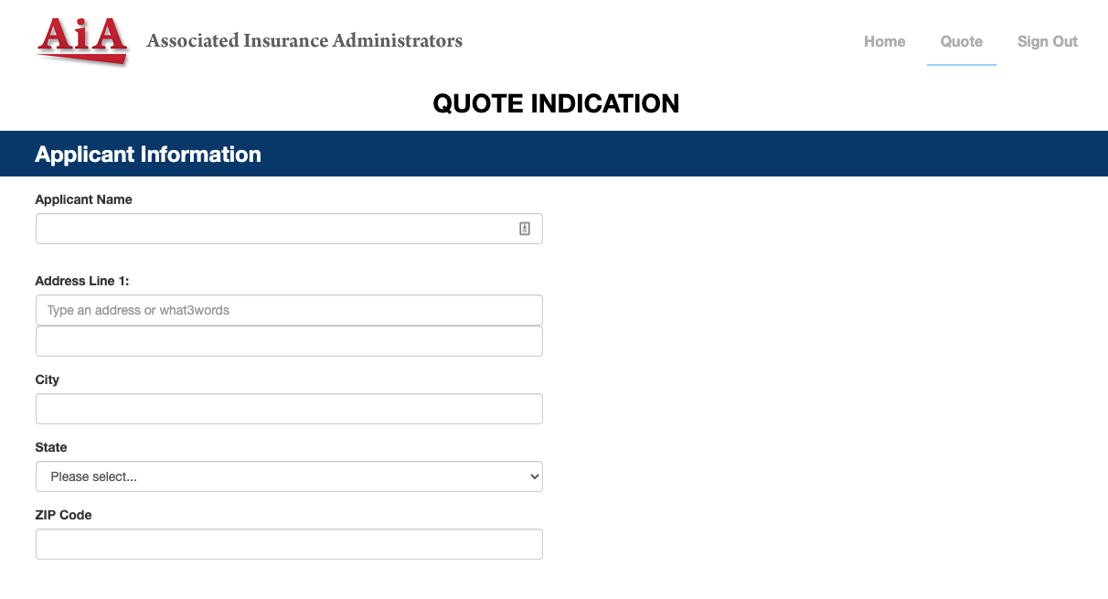 Screenshot of AIA QuikRATE showing the applicant information