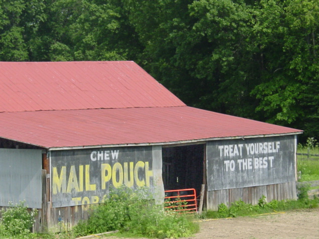 An old barn with Chew Mail Pouch Tobacco, Treat yourself to the best; painted in yellow on a black background. 