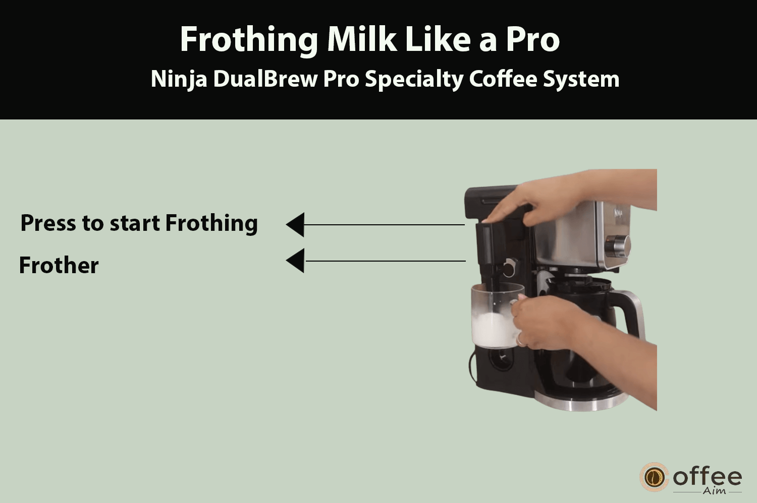 "This image showcases pressing the frother button to initiate frothing on the Ninja DualBrew Pro Specialty Coffee System, as highlighted in the article 'How to Use Ninja DualBrew Pro Specialty Coffee System, Compatible with K-Cup Pods, and 12-Cup Drip Coffee Maker'."