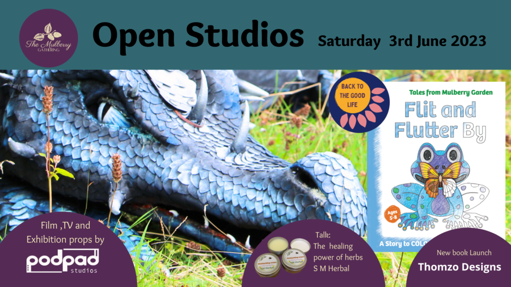 Mulberry Gathering Open Studios banner showing a dragon, the front cover of the book, Flit and Flutter By, and the various activities that you can do on the day. 