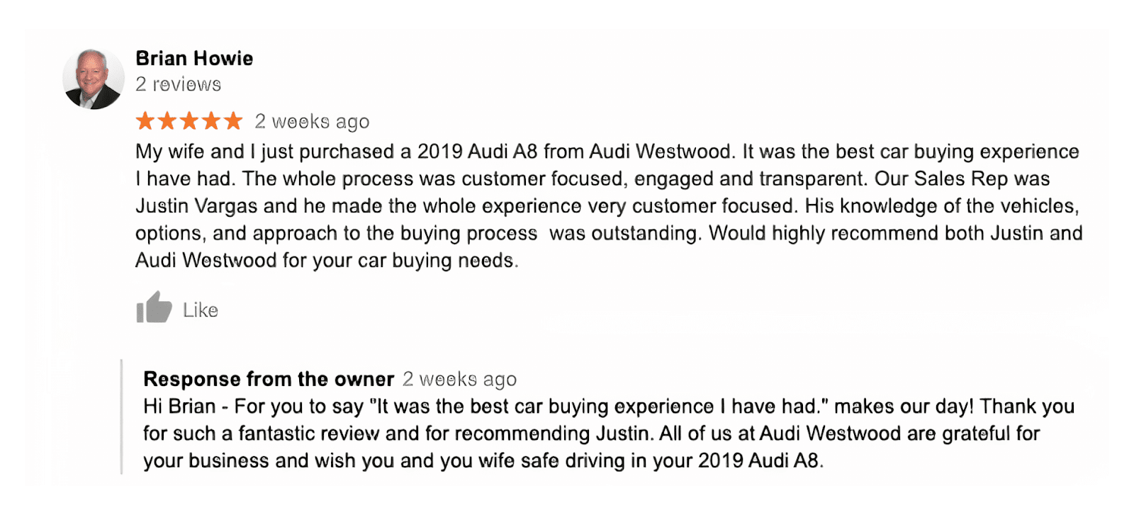 an example response to a glowing 5-star review on google my business. the response thanks the customer for their positive feedback and expresses gratitude for their patronage. 