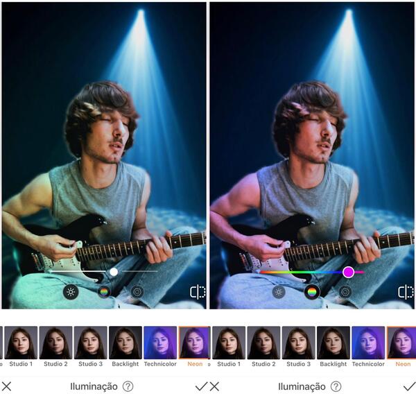 Foto de um homem tocando guitarra, agora em um fundo com luz azul sendo editada pelo AirBrush com a ferramenta Iluminação