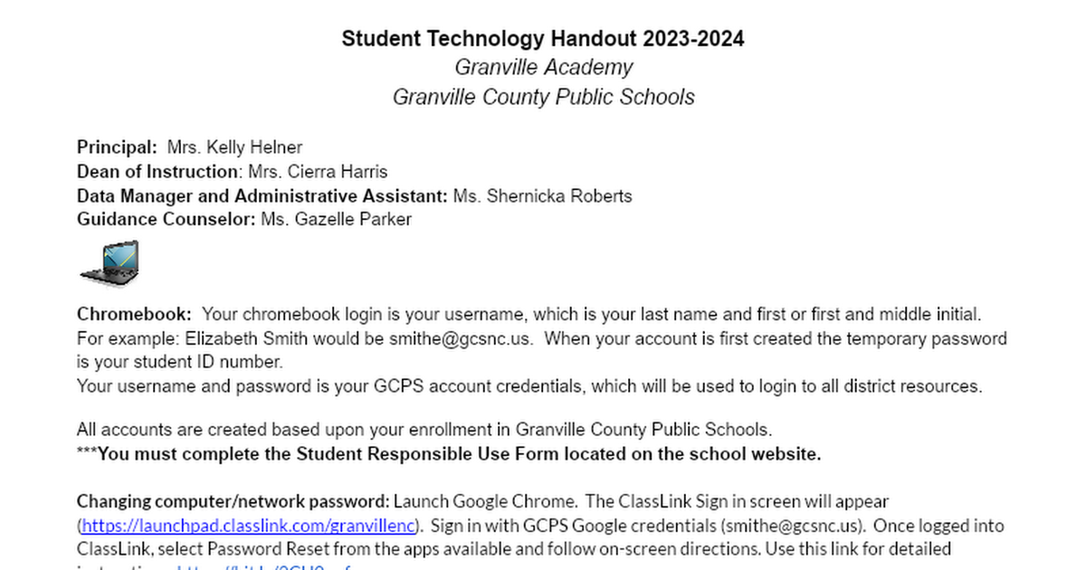 GA Student Technology Handout 2018-19
