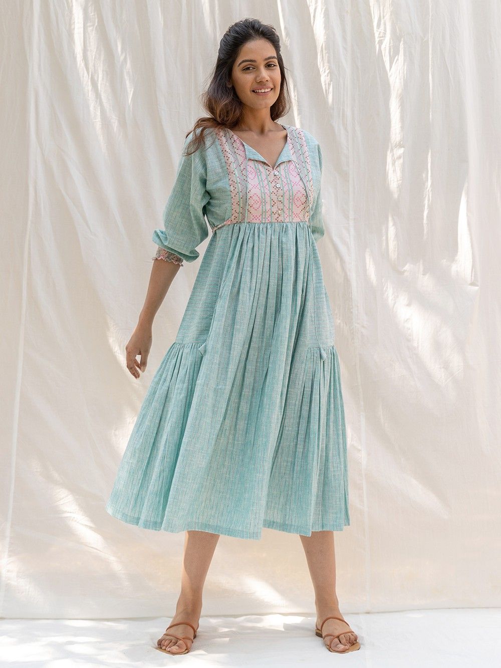 the loom - Auqa Blue Cotton Gathered Dress