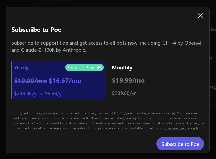 Poe subscription plans