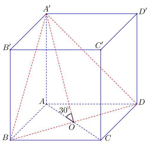 48. Cho khối hộp chữ nhật (ABCD.A'B'C'D') có đáy là hình vuông, (BD = 2a), góc giữa hai mặt phẳng (left( {A'BD} right),) và (left( {ABCD} right),) bằng ({30^ circ },). Thể tích của khối hộp chữ nhật đã cho bằng</p> 1