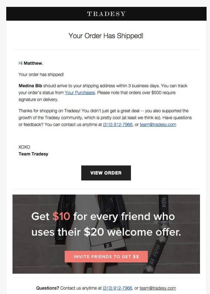 Tradesy customer referral link in order confirmation email template
