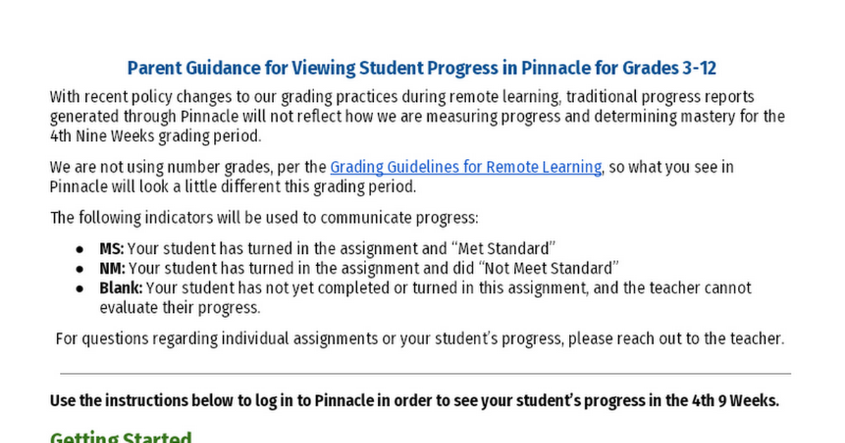 Parent Guidance for Viewing Student Progress