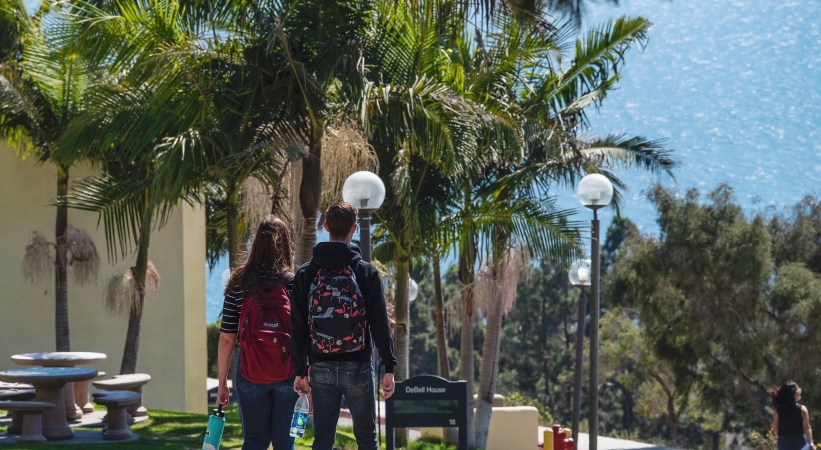 Students walk the campus at Pepperdine University in Malibu, CA.