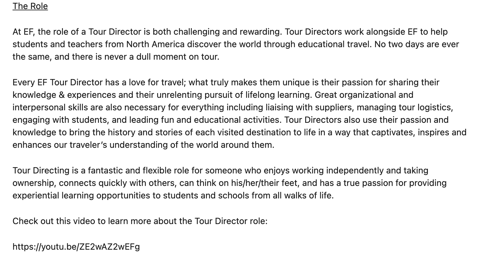 Freelance tour director for EF 2 