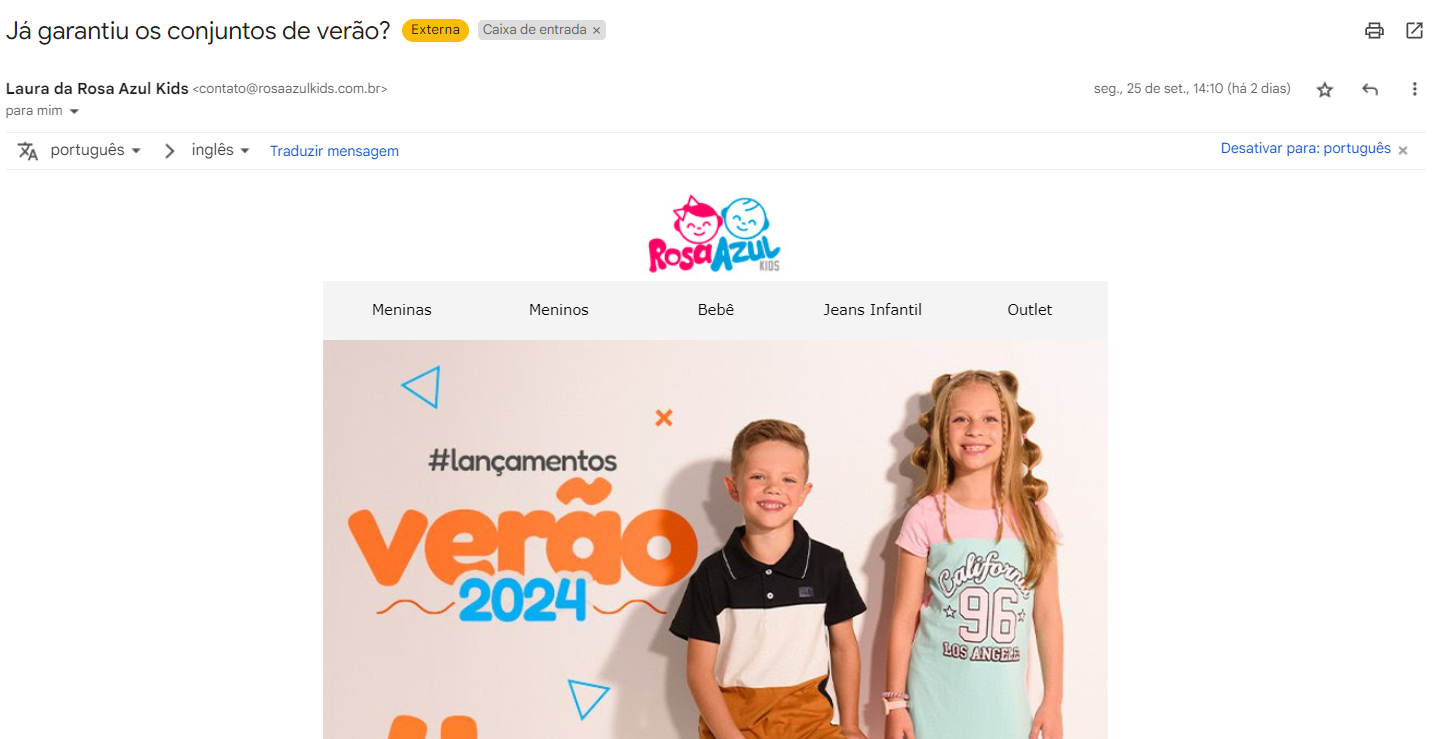 Exemplo de remetende de e-mail marketing com nome de pessoa da Rosa Azul Kids.