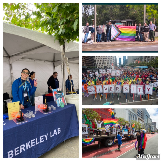 image is a collage of pictures of Berkeley Lab participation in Pride month activities promptly featuring NSD staff