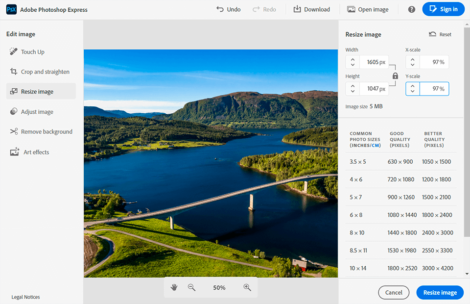 adobe photoshop express free photo resizing software interface