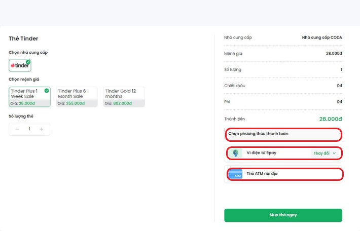 Phương thức thanh toán giao dịch Tinder qua website