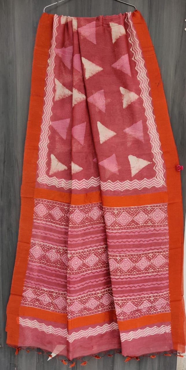 Exclusive new hand block printed Chanderi silk gicha border sarees