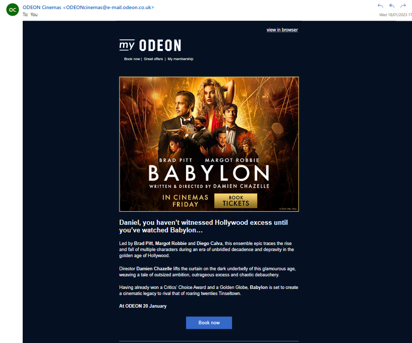 An email from cinema chain Odeon marketing the newest movie releases.