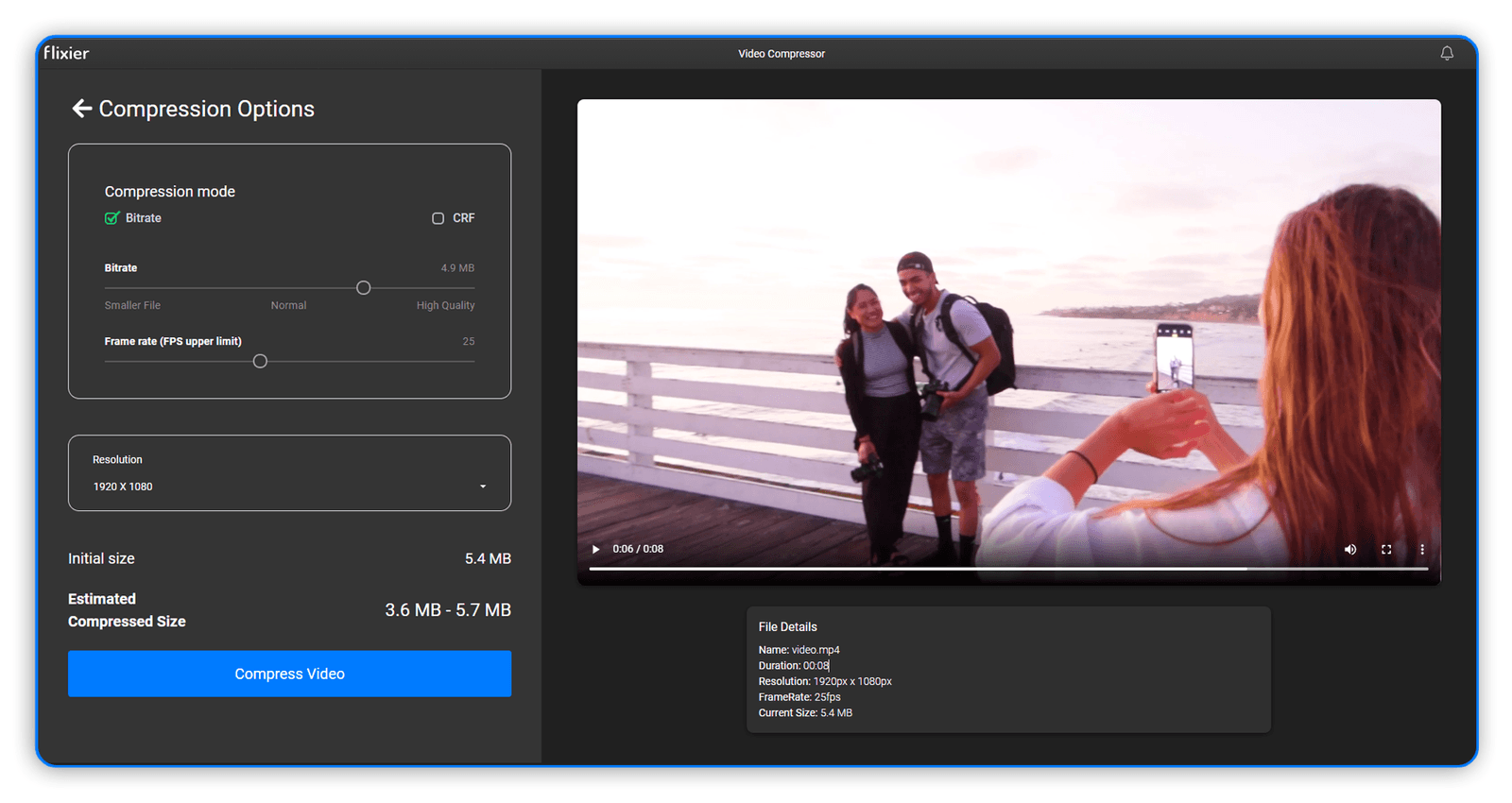 A screenshot of the Flixier video compressor interface
