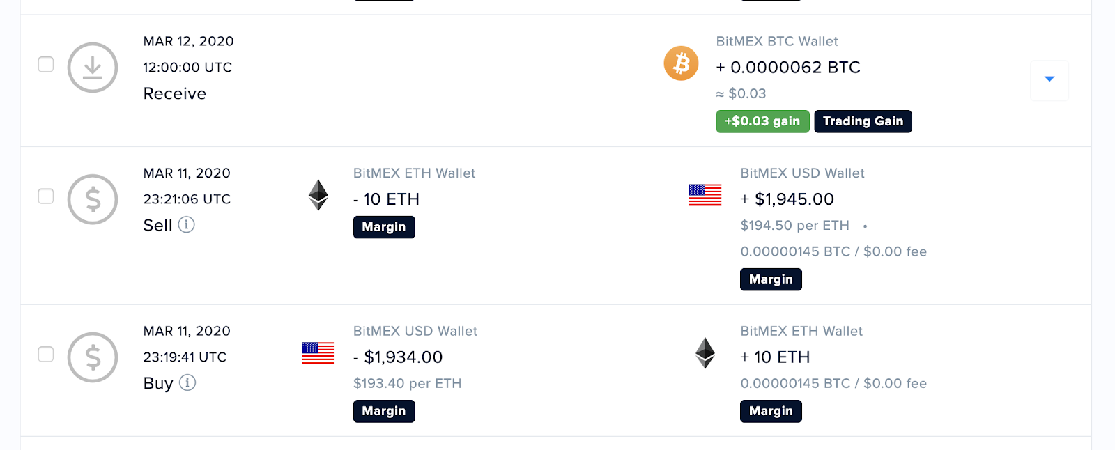 BitMEX futures reflected on CoinTracker's transaction page