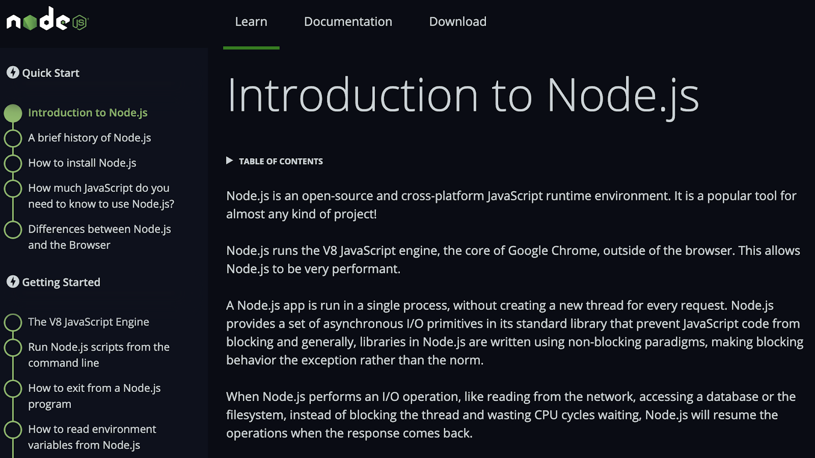 Learn Node.js webpage