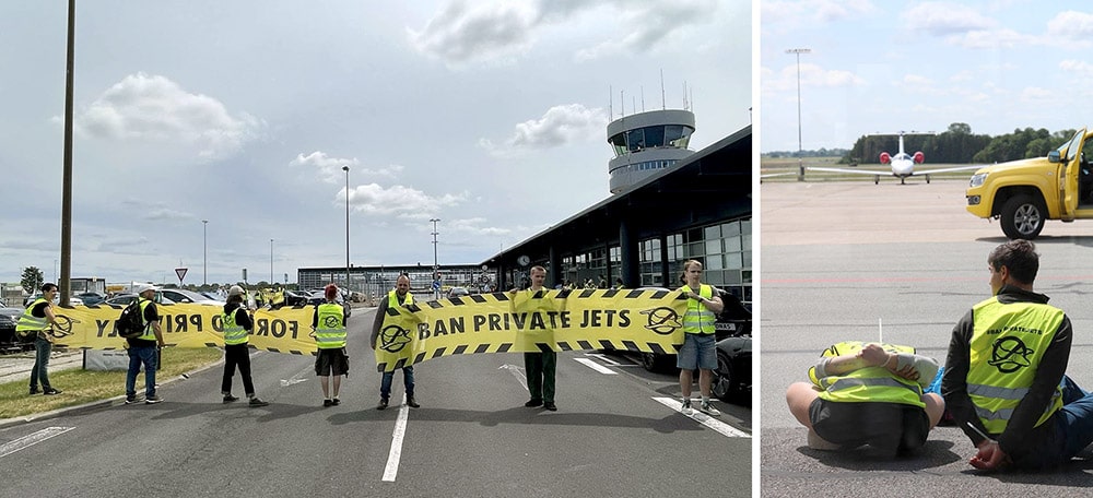 Rebels hold banners across streets and sit on the runway in handcuffs