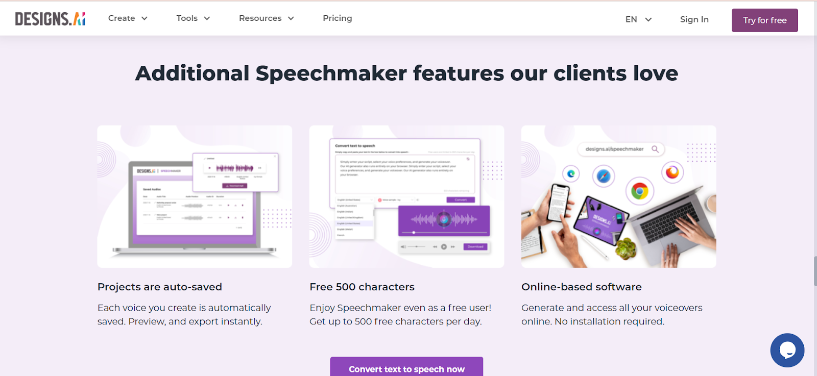 Features Of SpeechMaker AI Voice Generator by Designs.ai