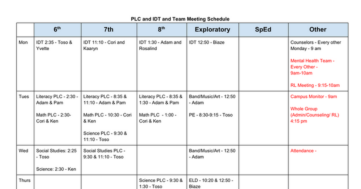 PLC and IDT Meeting Schedule