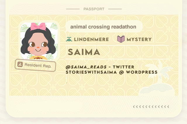 An Animal Crossing "passport", filled with Saima's island name (Lindenmere), favorite genre (Mystery) and social media links.