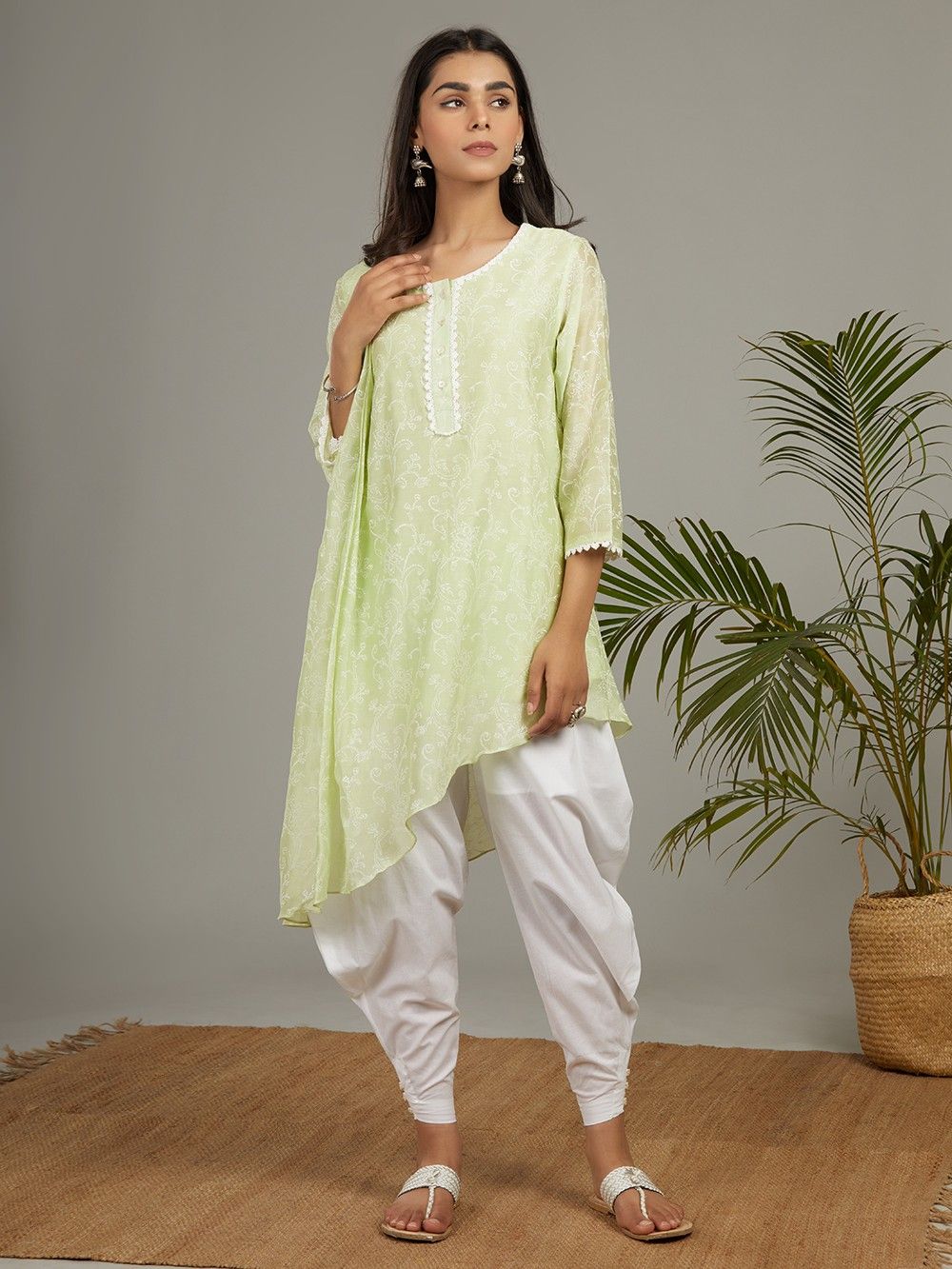 the loom-Mint Green Hand Block Printed Chanderi Silk Asymmetric Kurta