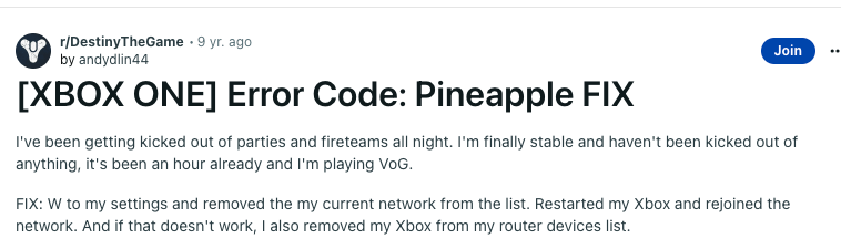 Destiny Error Code Pineapple