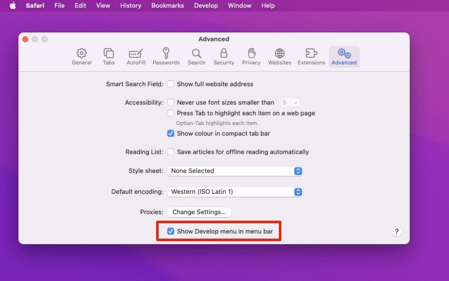 Di Mac, Kalian memerlukan Safari untuk menampilkan menu Kembangkan yang biasanya tersembunyi