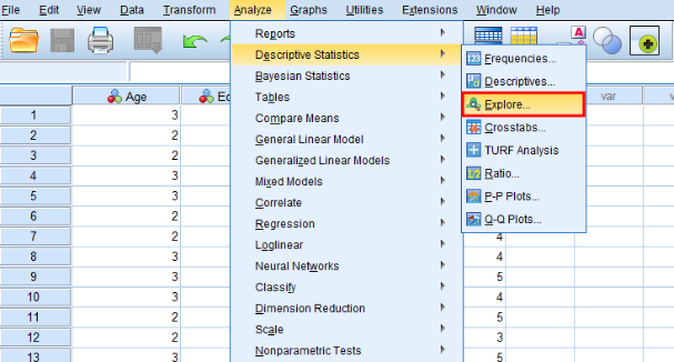 Calculate the standard error of mean in SPSS (Explore analysis). Source: uedufy.com