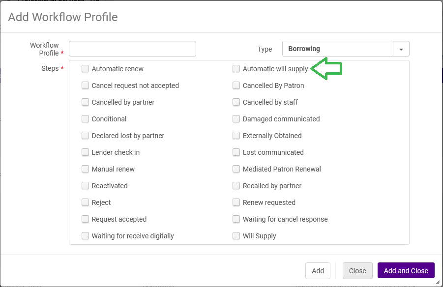 Screenshot of the Add Workflow Profile window with Automatic will supply highlighted