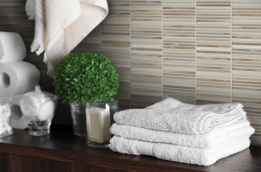 glass and metal backsplash tile in bathroom