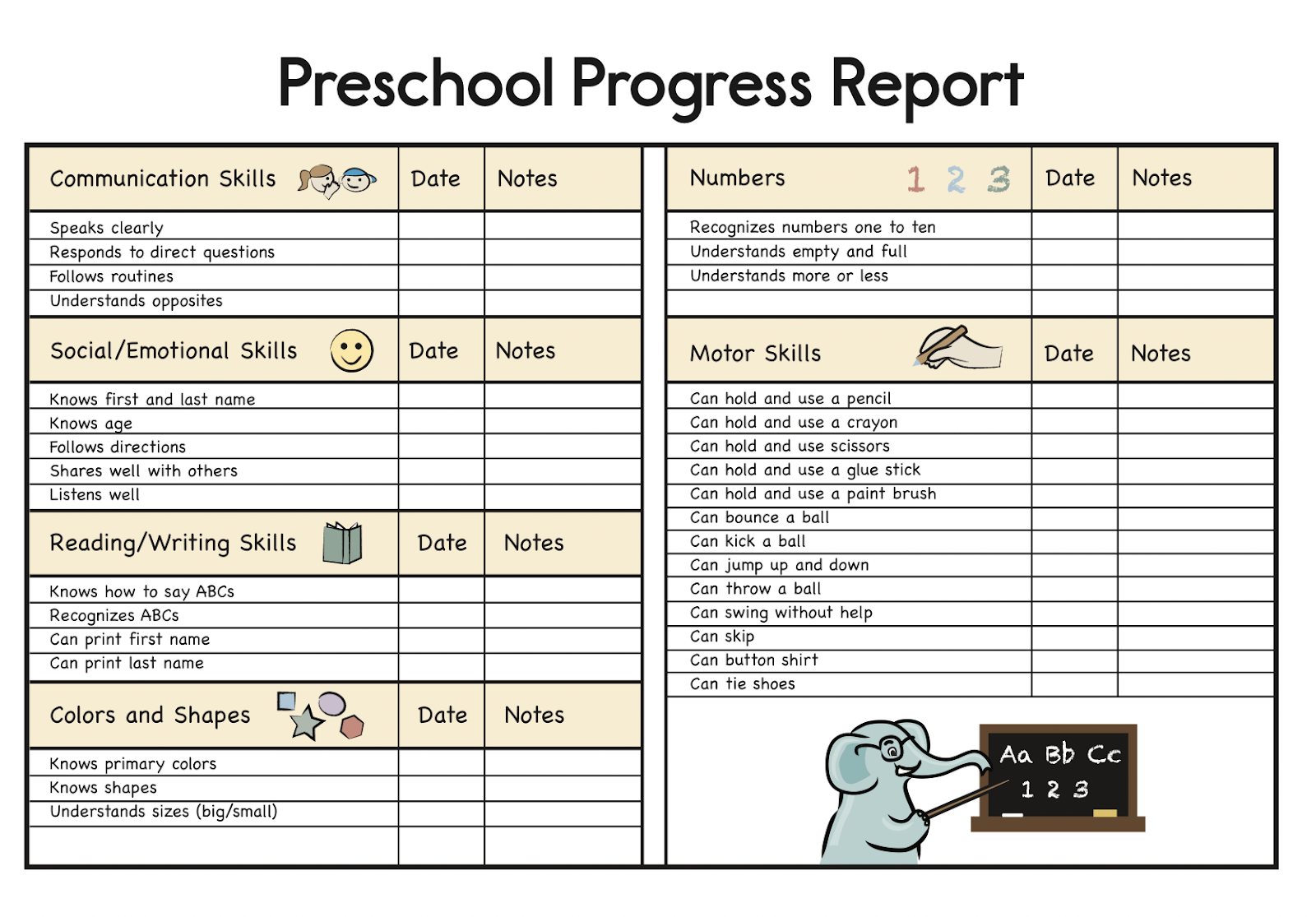 preschool progress report