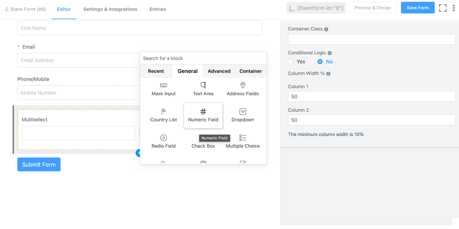 Numer field input field's customization, wordpress, plugin